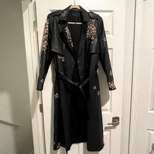 BCBGMaxazria Long Black leather jacket with flower detailing